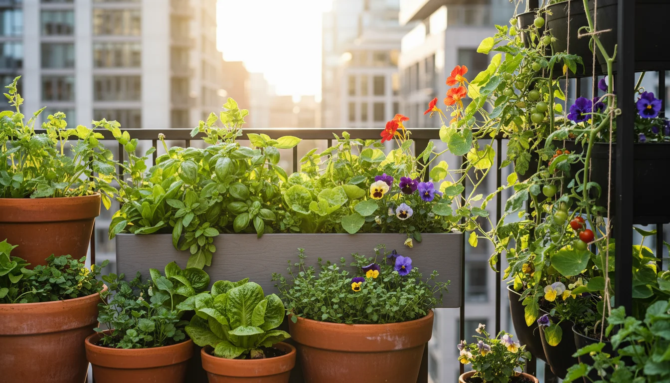 A vibrant small-space container garden on a sunny patio, with various pots and a vertical planter displaying lush, active plant growth and emerging bu