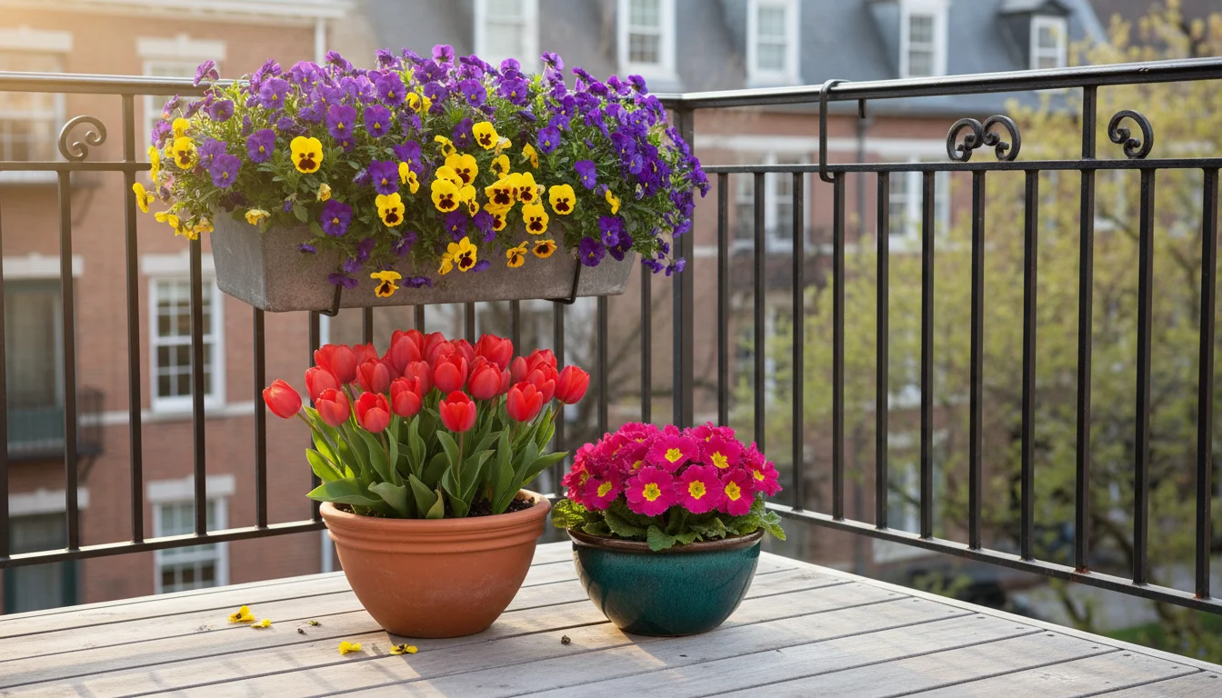 A vibrant small urban balcony corner in early spring, showcasing a lively arrangement of container plants. Purple and yellow pansies spill from a grey