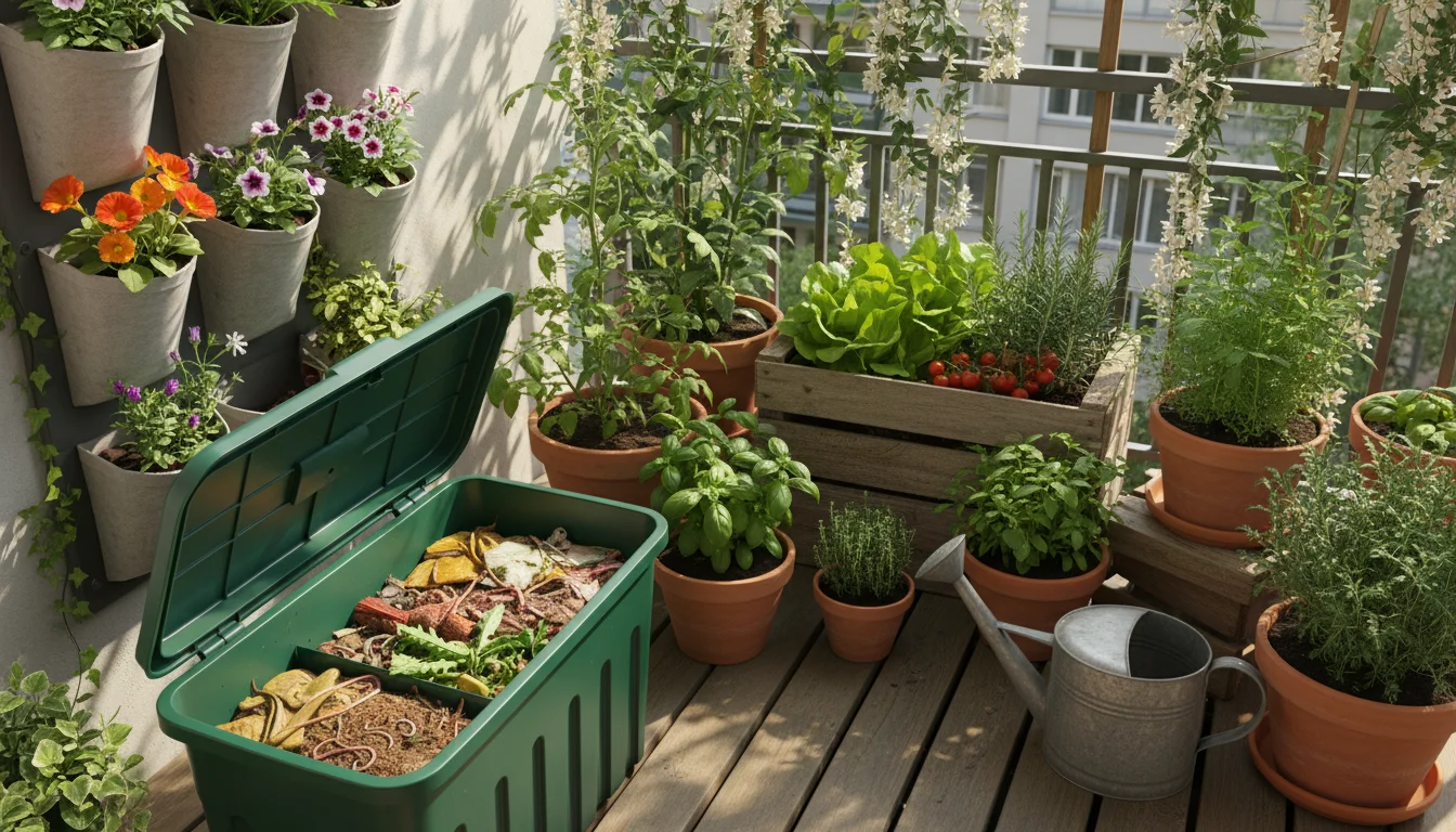 Vibrant small urban balcony corner with a worm composting bin, repurposed wooden crate of greens, terracotta herbs, and vertical fabric planter.