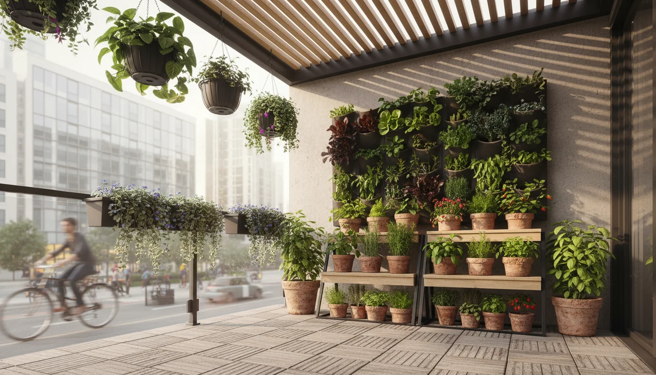 A vibrant small urban patio with a multi-tiered plant stand, wall garden, hanging baskets, and railing planter overflowing with diverse plants in warm