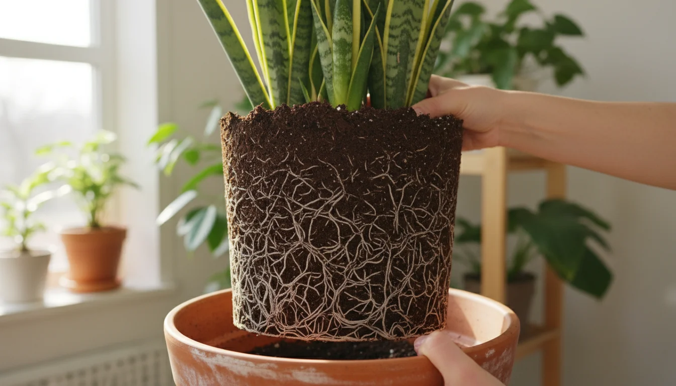 Vibrant snake plant lifted from its pot, showing a severely compacted, dark root ball with dense, degraded soil clinging tightly.