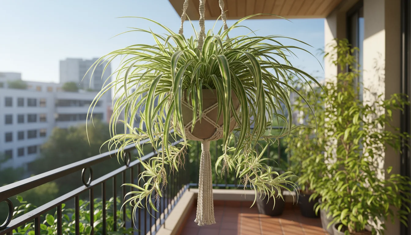 A vibrant Spider Plant with arching, variegated leaves and trailing 'spiderettes' hangs in a macrame hanger on a sunny urban balcony.