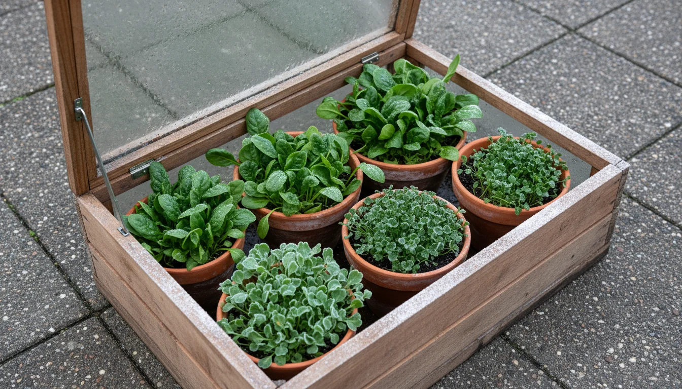 Vibrant spinach and mache thriving in terracotta pots inside a rustic wooden cold frame on a frosted patio, lid partially open.
