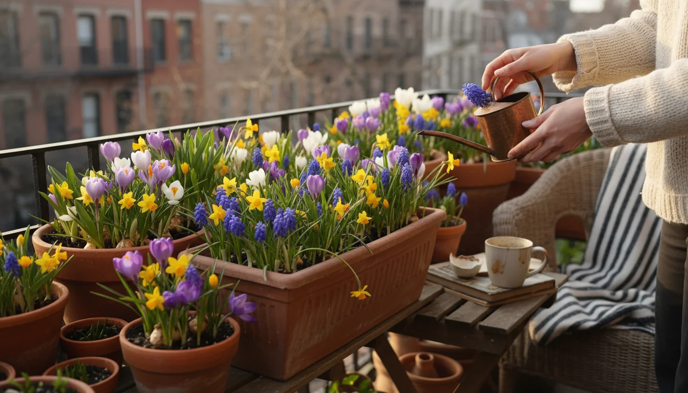 Vibrant spring bulbs in various terracotta pots on an urban balcony. A hand gently touches a purple crocus amidst blooming daffodils and hyacinths. A 