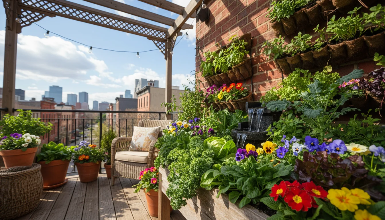 Vibrant spring container garden on an urban balcony featuring lush lettuce, colorful pansies, and spinach in assorted pots and planters bathed in morn
