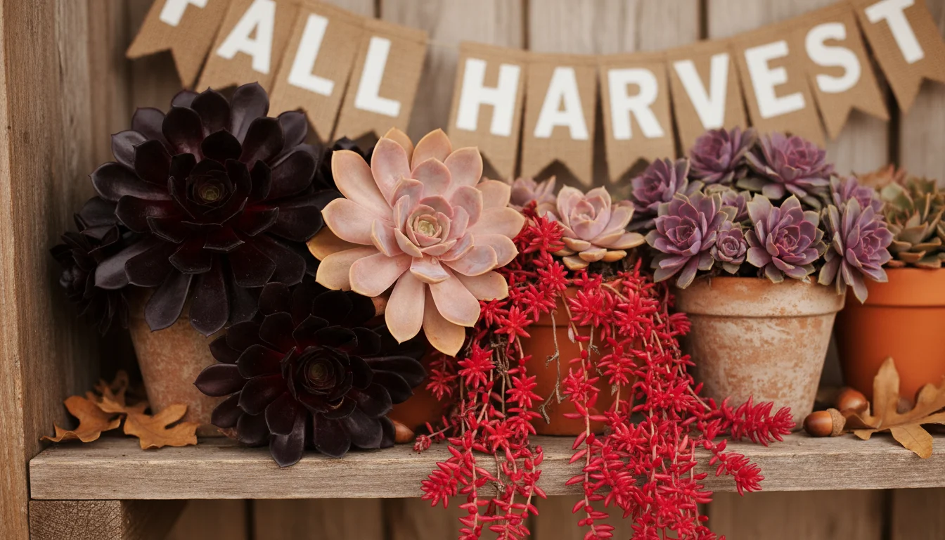 Vibrant succulent plants: deep burgundy Echeveria, pink Echeveria, red trailing Sedum, and purple-tipped Sempervivum on a wooden shelf.