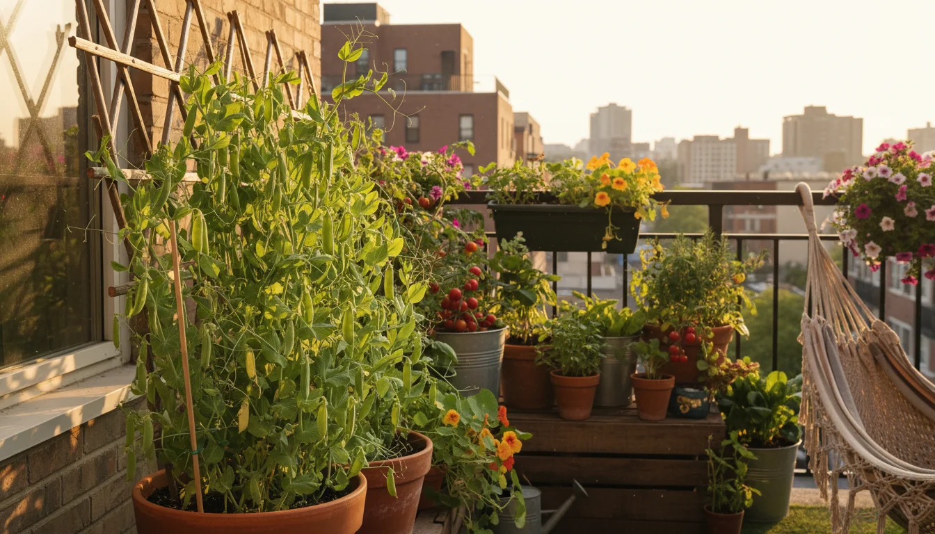 Vibrant sugar snap pea plant with hundreds of pods climbing a rustic DIY wooden trellis from a single terracotta pot on a cozy, sunlit urban balcony.