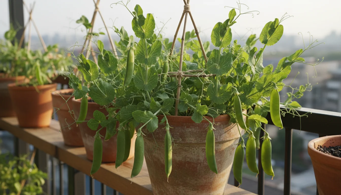 Close-up of vibrant sugar snap peas growing in a terracotta pot, with plump green pods ready for harvest.