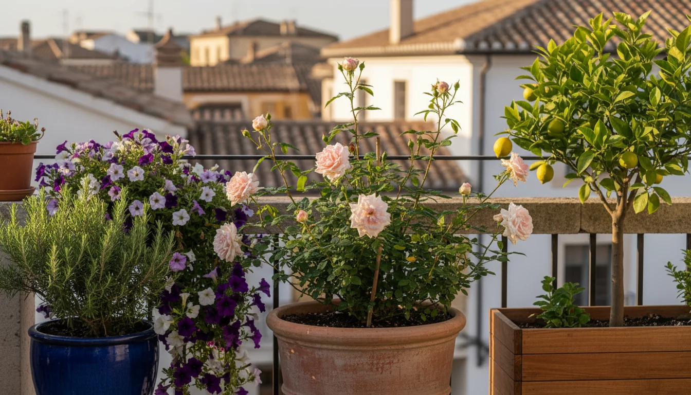 A vibrant, sun-drenched balcony container garden with a rose bush displaying faded and new buds, alongside other thriving plants.