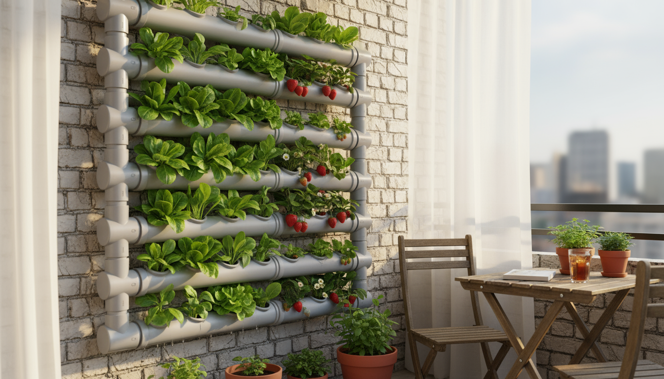 Close-up of a pallet garden on an apartment balcony, featuring basil, strawberries, marigolds, cherry tomatoes, and nasturtiums.
