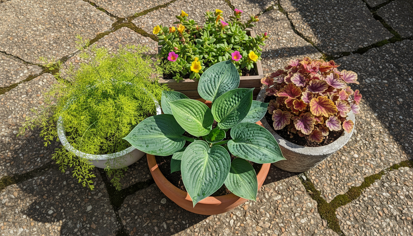 A vibrant urban balcony with thriving plants in various sized containers: a large tomato, pepper, lettuce, basil, and succulents.