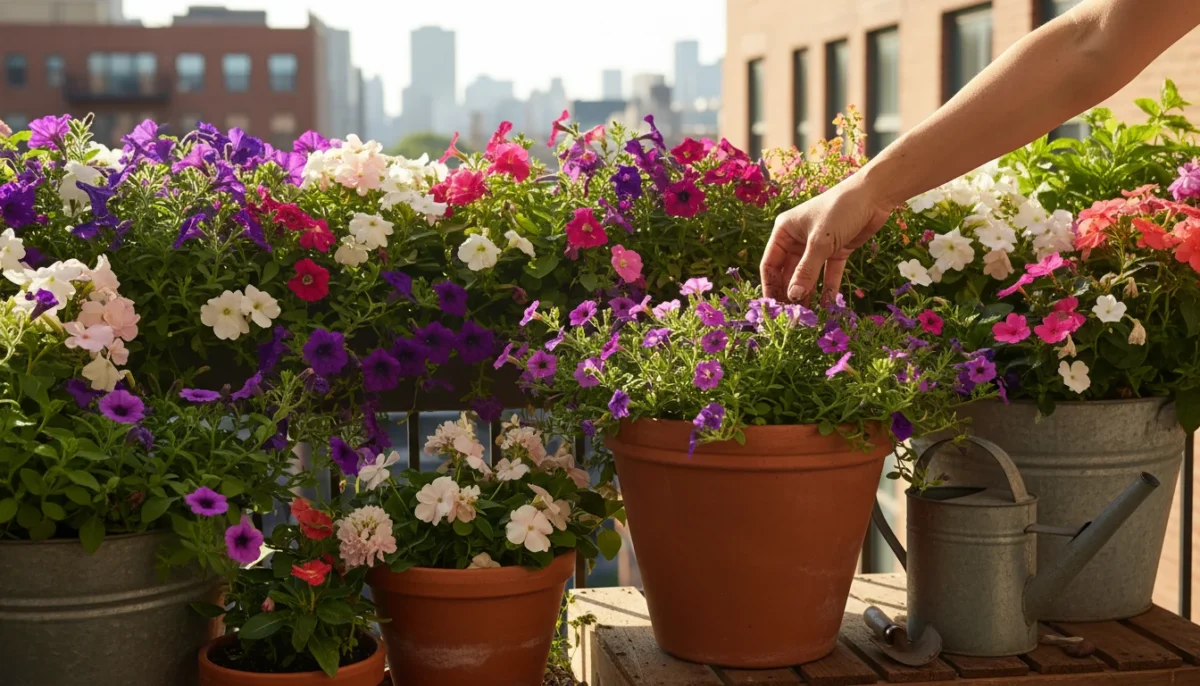 Vibrant, sun-drenched urban balcony garden with a woman's hand gently touching overflowing petunias and calibrachoa in various pots.
