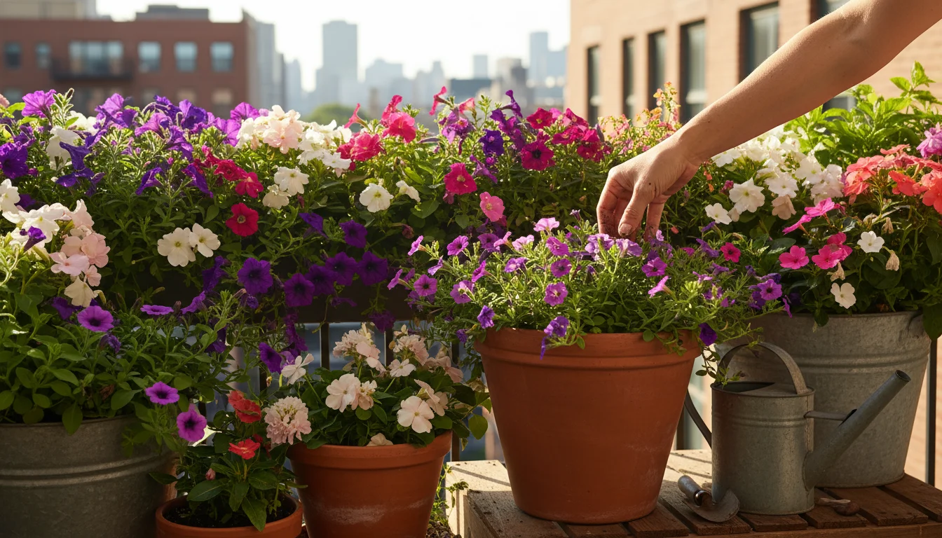 Vibrant, sun-drenched urban balcony garden with a woman's hand gently touching overflowing petunias and calibrachoa in various pots.