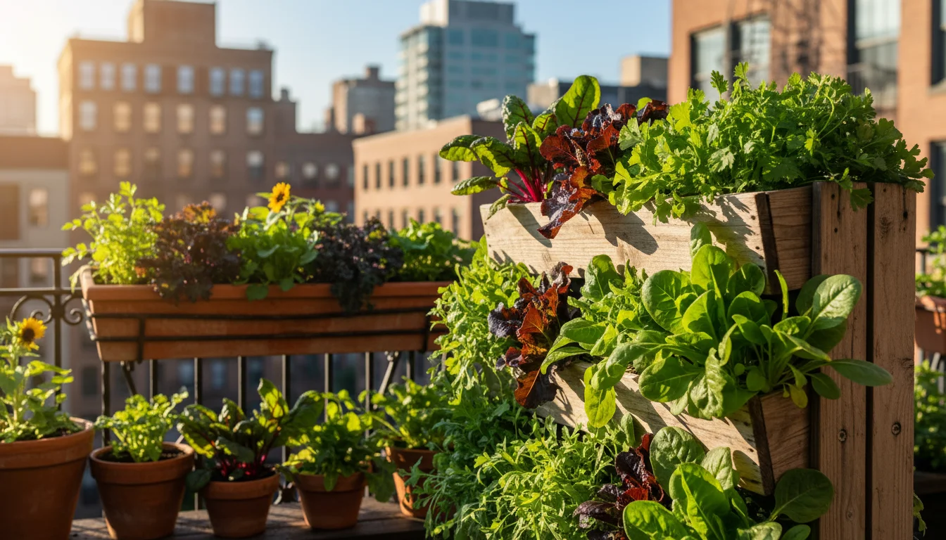 Vibrant, sun-drenched urban patio with a multi-tiered vertical planter and various pots overflowing with diverse salad greens.