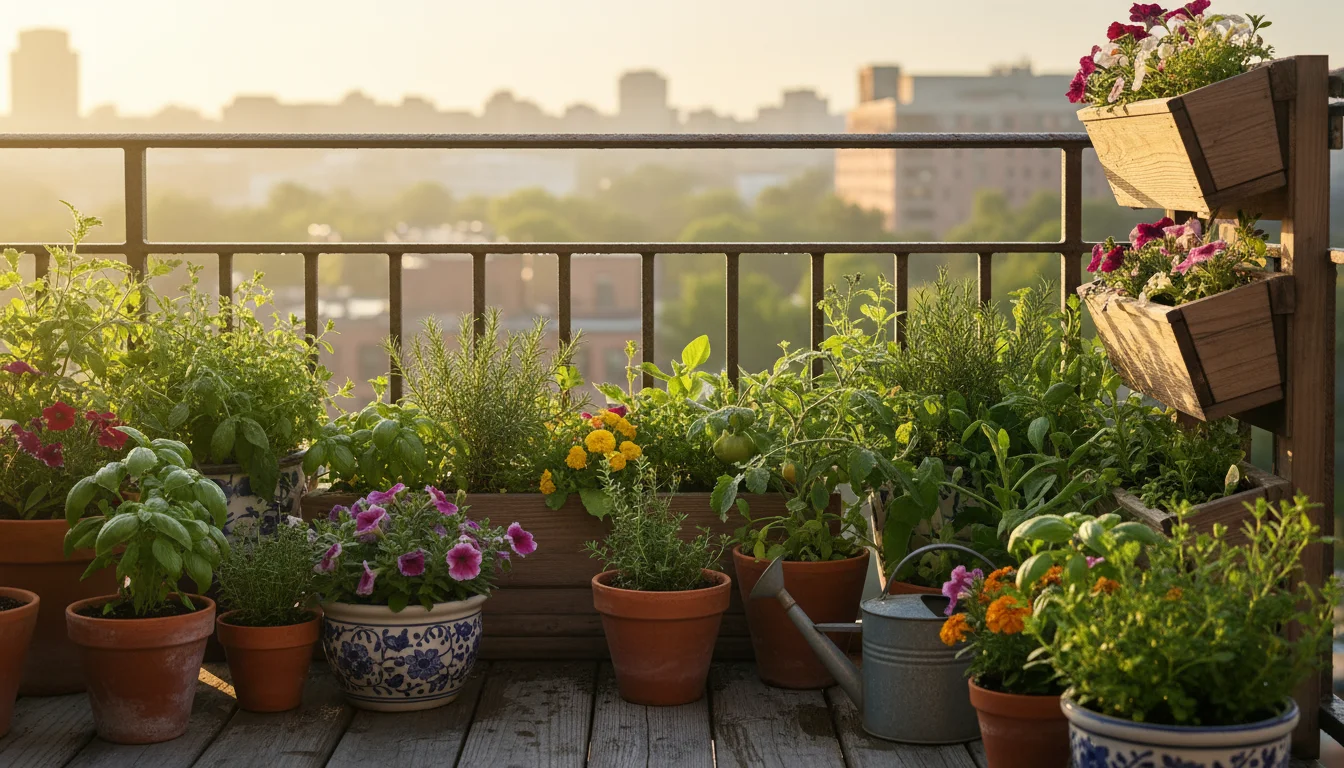 Vibrant, sun-kissed balcony container garden showcasing diverse healthy plants in various pots, with a hand gently extended towards a lush basil leaf.
