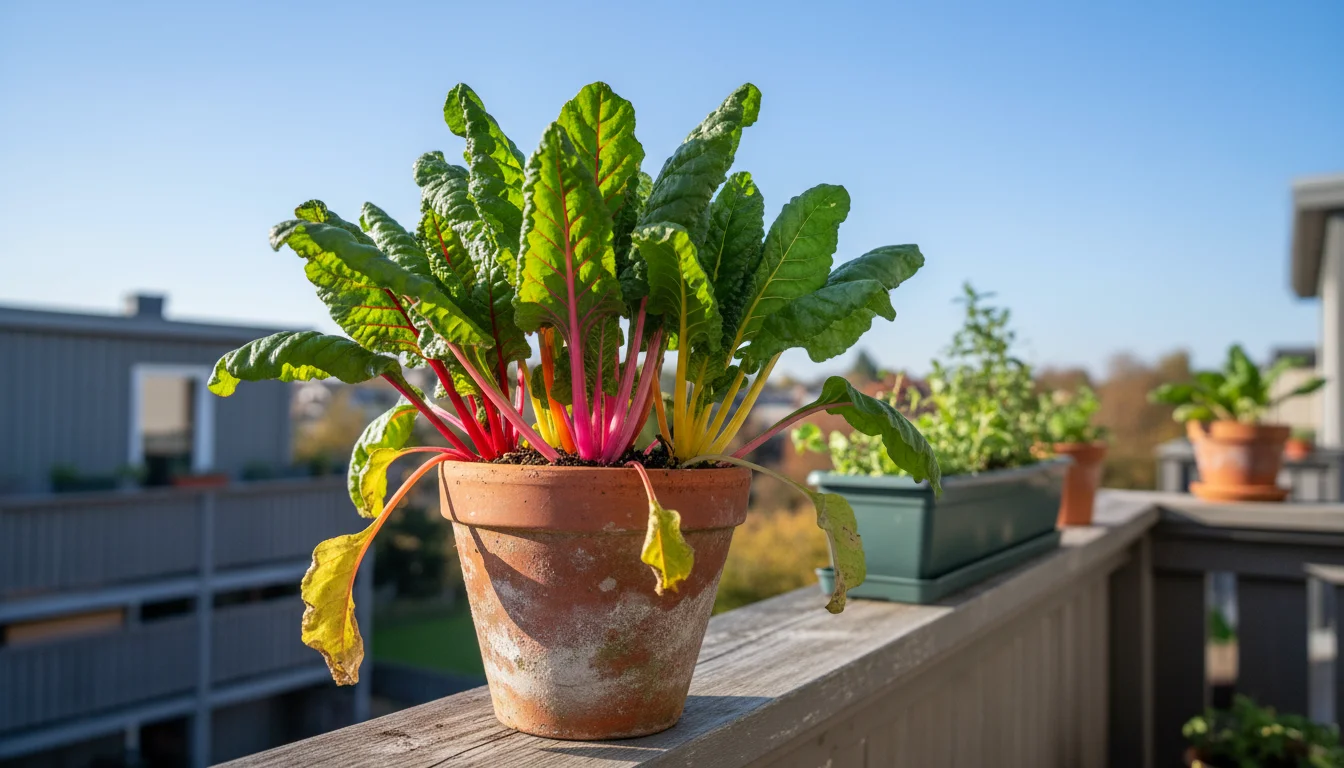Vibrant Swiss chard with colorful stems flourishes in a terracotta pot on a wooden balcony railing, dewdrops glistening.