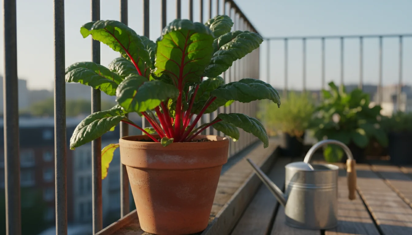 Vibrant Swiss chard in a terracotta pot on a sunny balcony, with a watering can in the background.