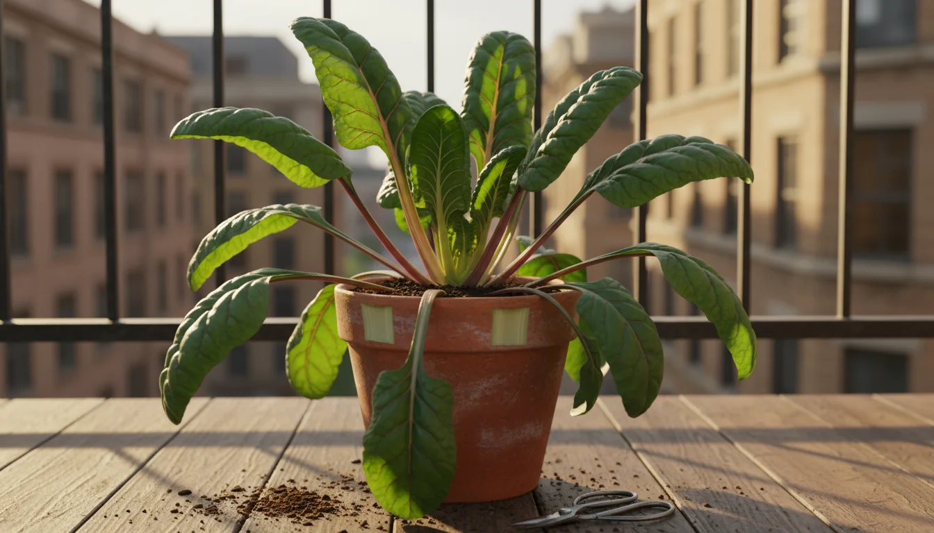 Vibrant Swiss chard in a terracotta pot on an urban balcony shows clean cuts from recent harvest. Pruning shears rest on the pot rim.