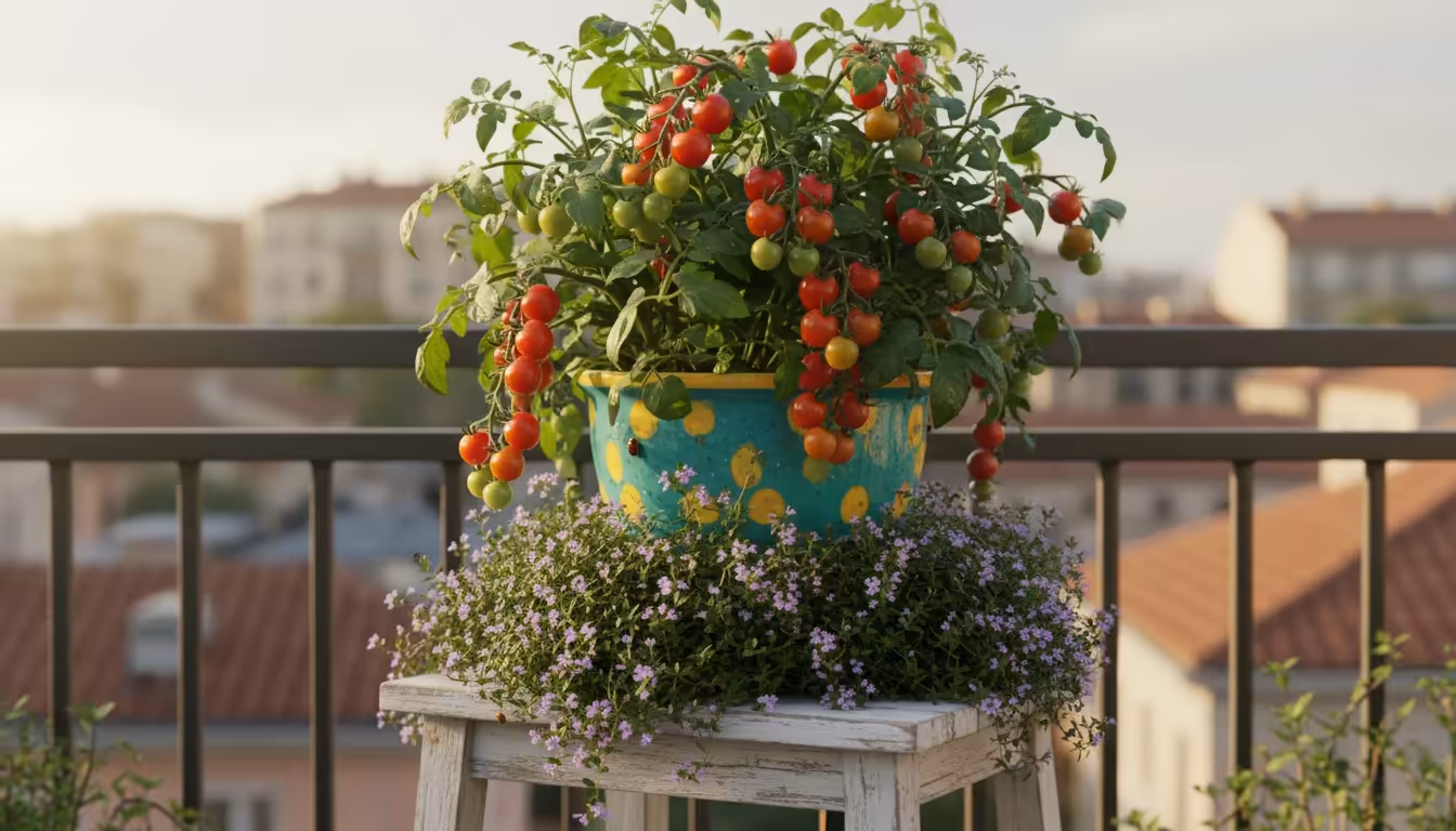 A vibrant teal ceramic pot on a wooden stool holds a cherry tomato plant with ripening red fruit and lush creeping thyme spilling over its edge on a s