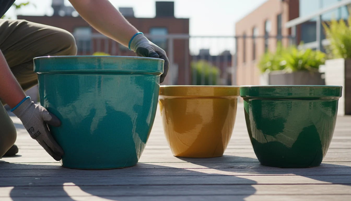 Vibrant teal glazed ceramic pot being positioned on a wooden patio deck, with other colorful empty pots nearby, highlighting their decorative and stab