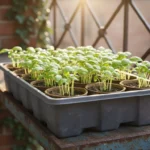 Close-up of vibrant, tender green seedlings in a tray on a sunlit metal balcony shelf, with a blurred urban background.