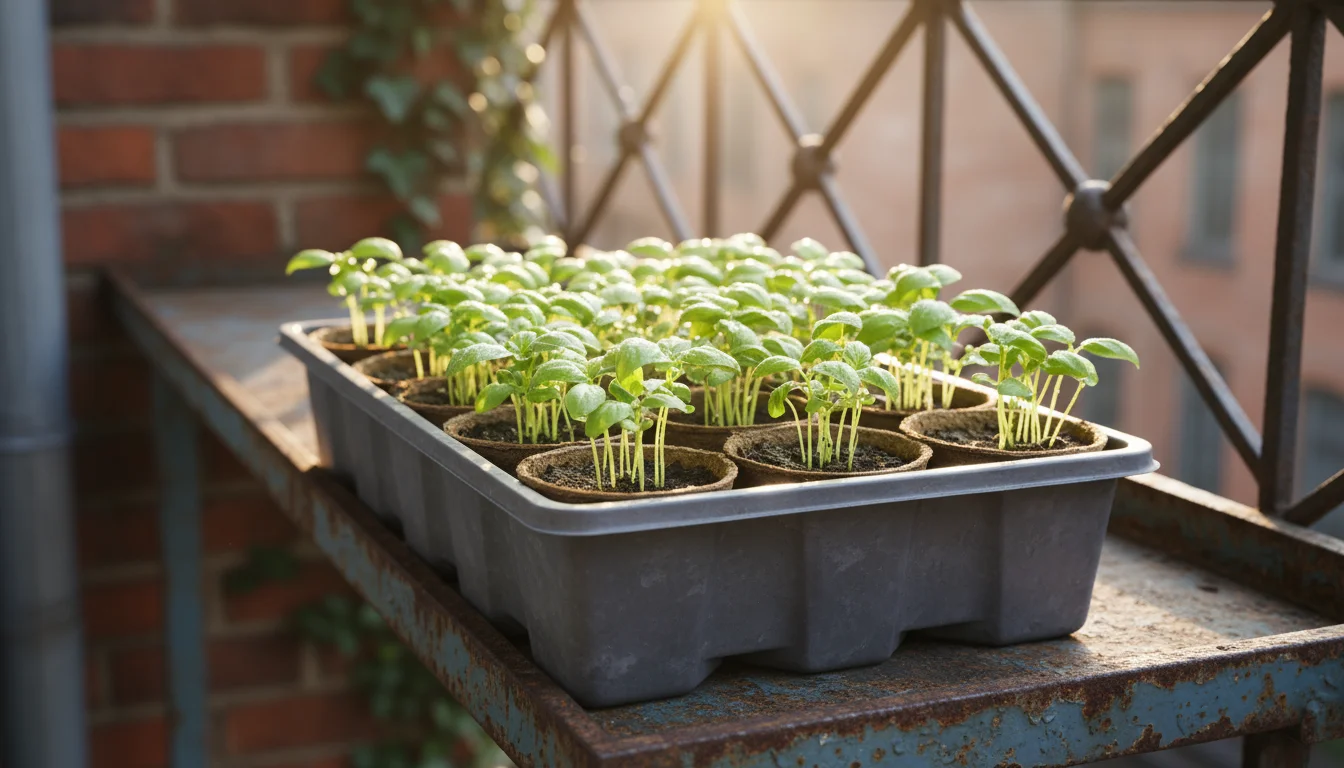 Close-up of vibrant, tender green seedlings in a tray on a sunlit metal balcony shelf, with a blurred urban background.