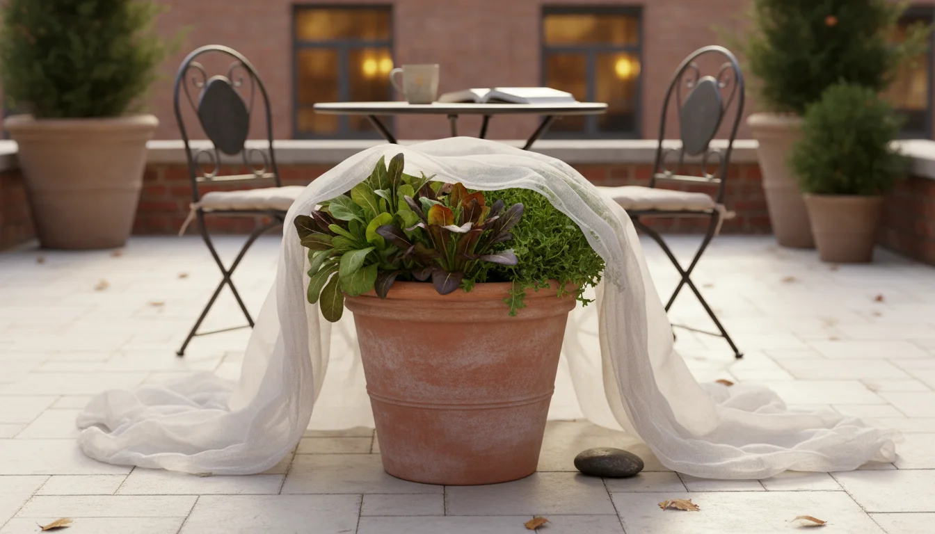 A vibrant terracotta pot of mixed green and red lettuces on a patio, partially covered by a sheer white frost blanket for fall protection.