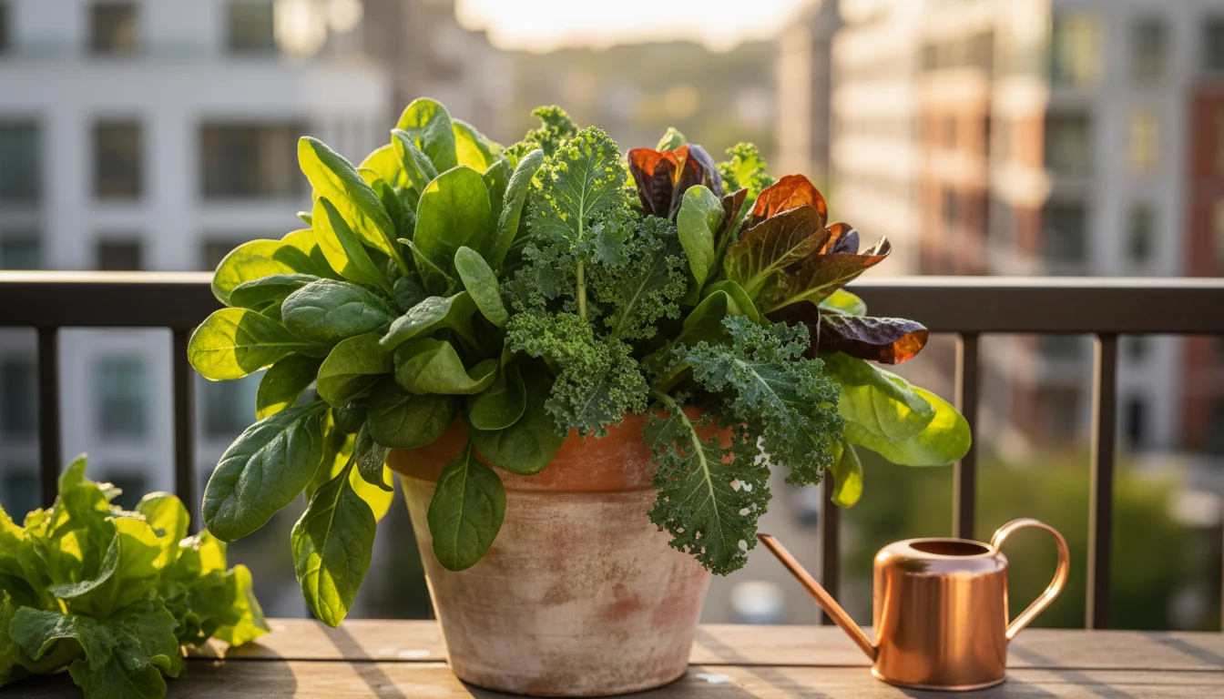 Vibrant terracotta pot overflowing with lush spinach, kale, and lettuce on a sunny balcony railing, a small watering can nearby.