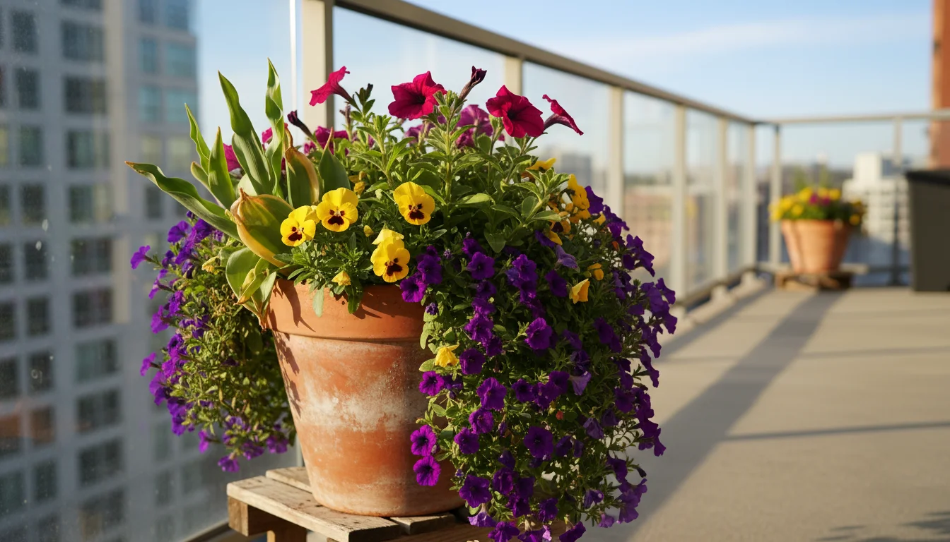 A vibrant terracotta pot on an urban balcony brimming with purple calibrachoa, yellow pansies, and emerging fuchsia petunias.