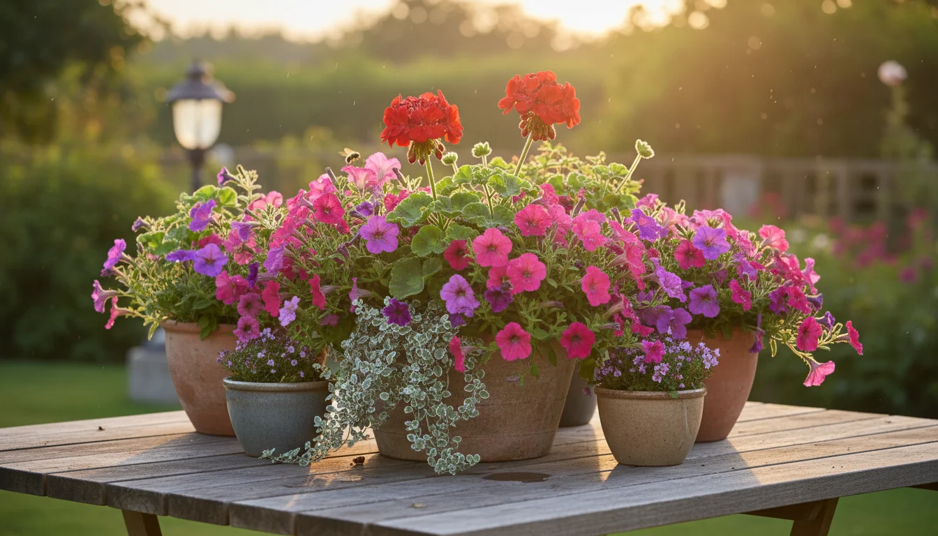 A vibrant terracotta pot on a wooden patio table, showcasing a 'thriller, filler, spiller' design with a red geranium, pink petunias, and chartreuse s