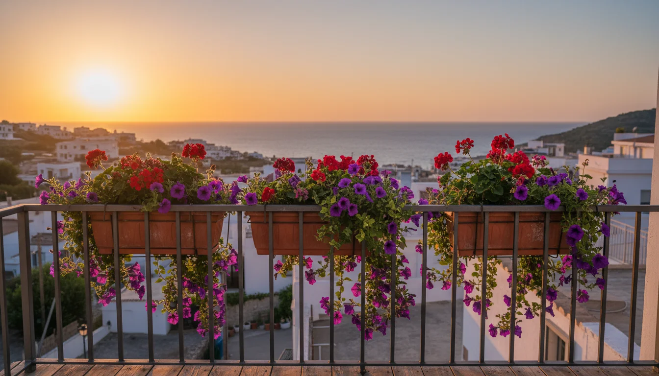 Vibrant terracotta railing planters with petunias and ivy on a dark railing, complemented by wicker hanging baskets with fuchsias and lobelia overhead