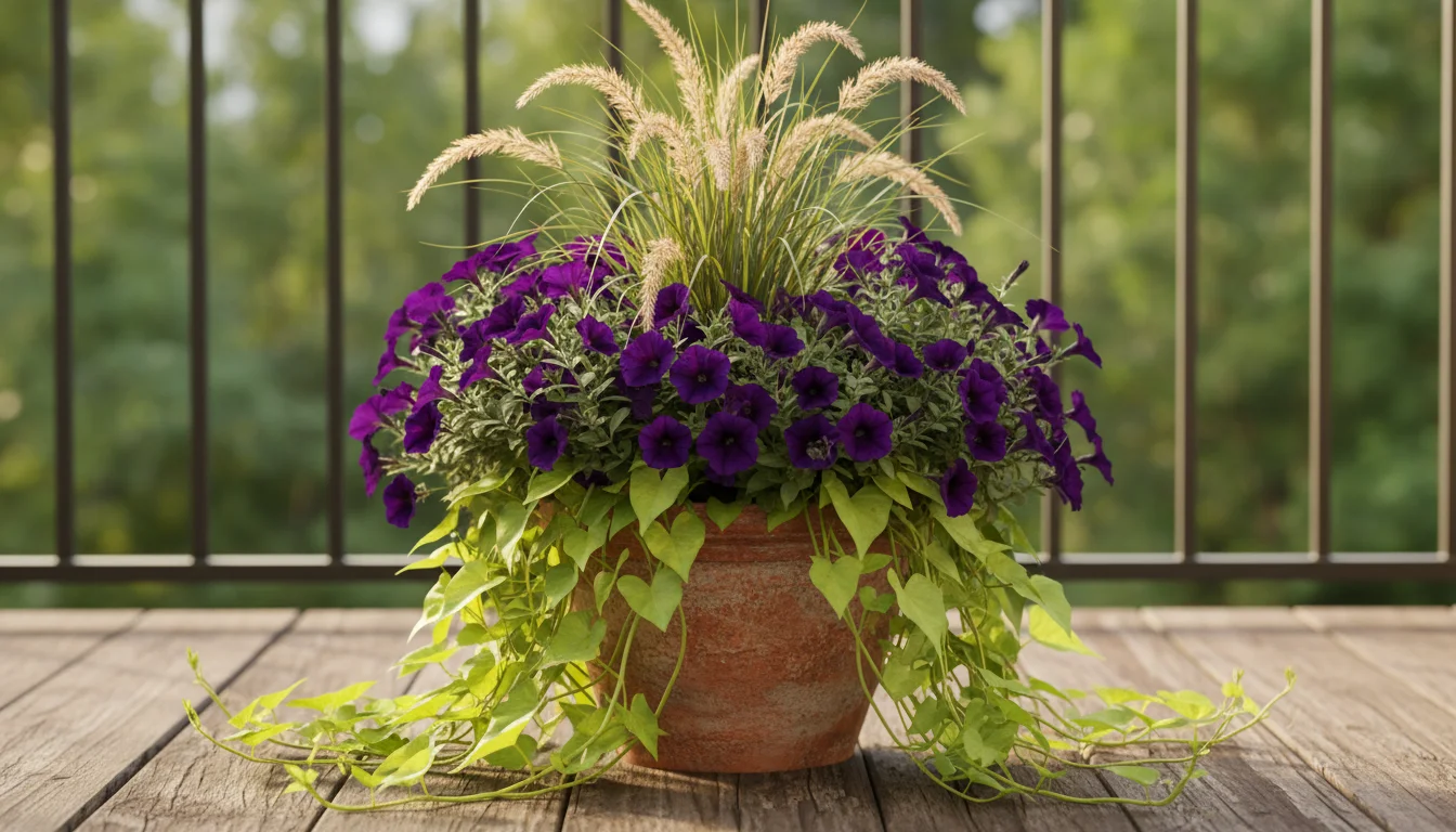 Vibrant Thriller-Filler-Spiller container garden on a balcony, featuring ornamental grass, purple petunias, and trailing sweet potato vine.