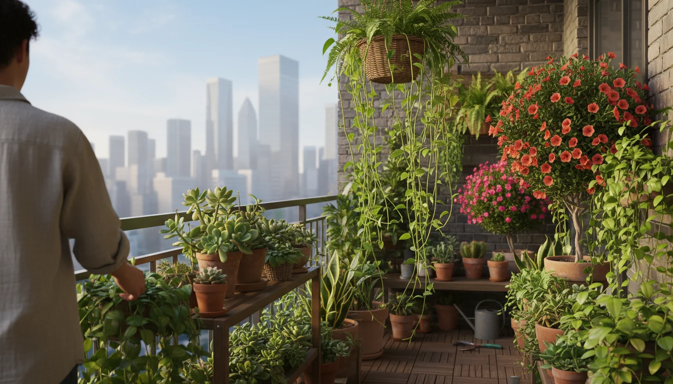 A vibrant, thriving urban balcony garden with various healthy container plants including succulents, trailing foliage, and a flowering plant.