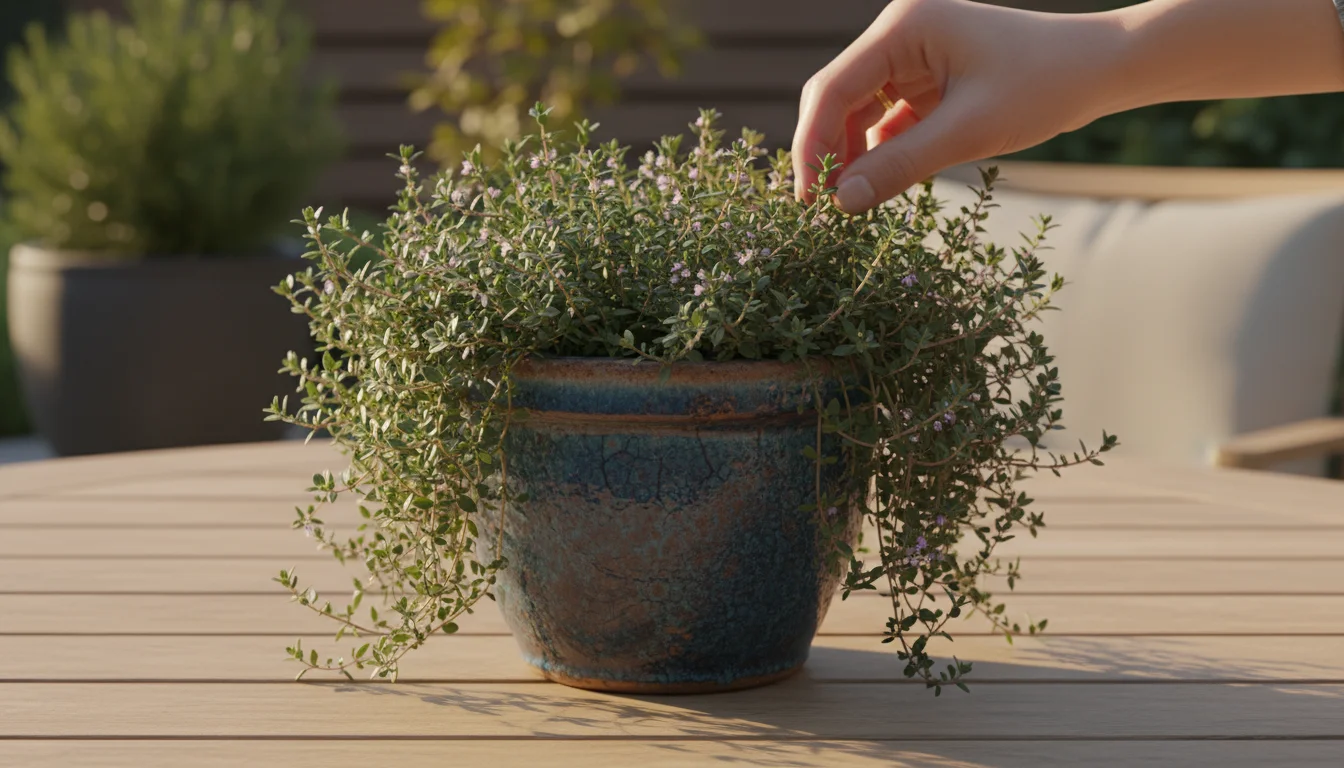 Close-up of vibrant thyme cascading from a deep blue pot on a sunny patio table, a hand plucking a sprig.