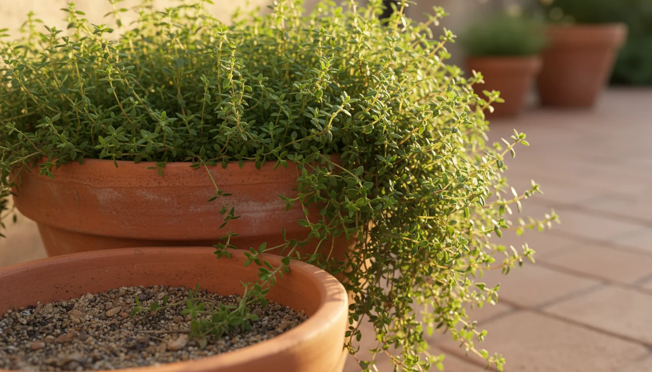 Vibrant thyme plant cascading over a terracotta pot on a sunny patio, with dry soil and snipped sprigs.