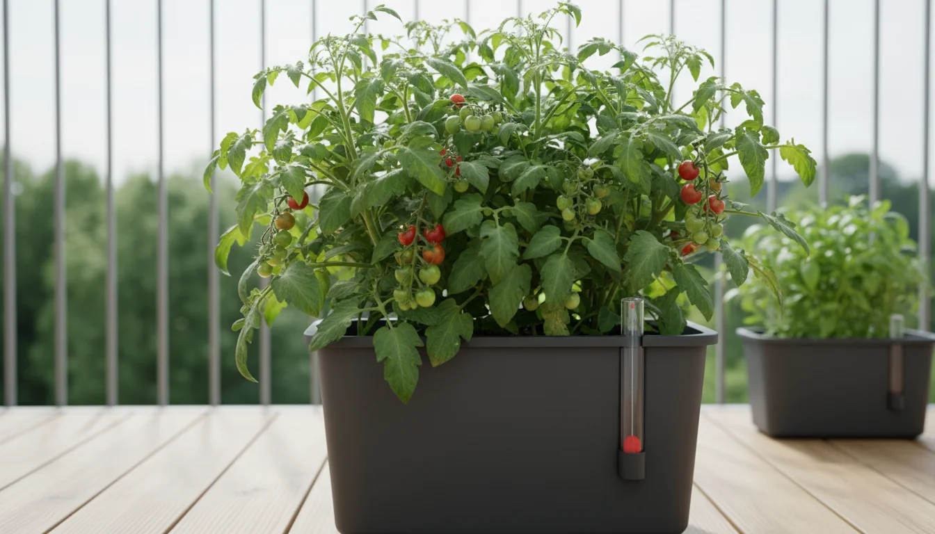 Vibrant tomato plant with small fruit in a dark grey self-watering container with visible fill tube, on a small urban balcony patio.