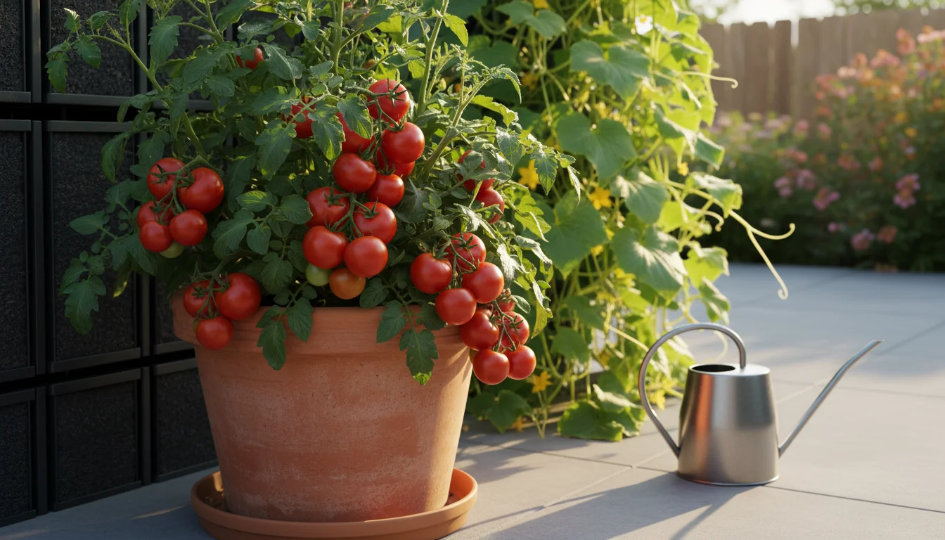 Vibrant tomato plant in a terracotta pot on a sunny patio, laden with ripe red tomatoes. Lush cucumber vines and a watering can are softly blurred in