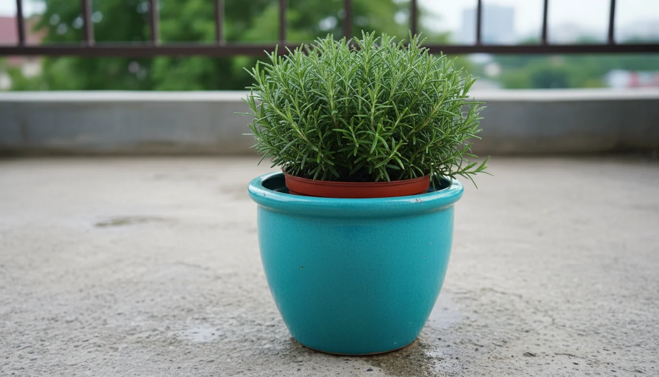 Vibrant turquoise cachepot, lacking drainage holes, holds a rosemary plant in an inner well-draining pot on a concrete balcony floor.