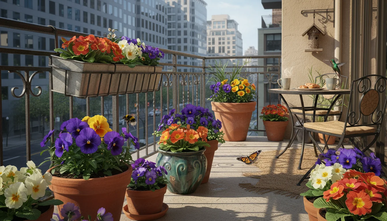 A vibrant urban balcony corner bathed in morning sunlight, showcasing blooming spring pollinator flowers in diverse pots, with clear shadows.
