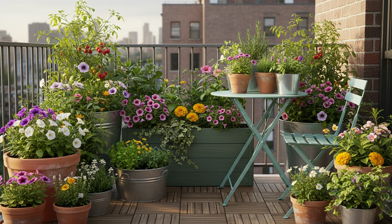 Vibrant urban balcony garden with artfully grouped terracotta, galvanized, and painted wood containers, lush with herbs and flowers, under golden sunl