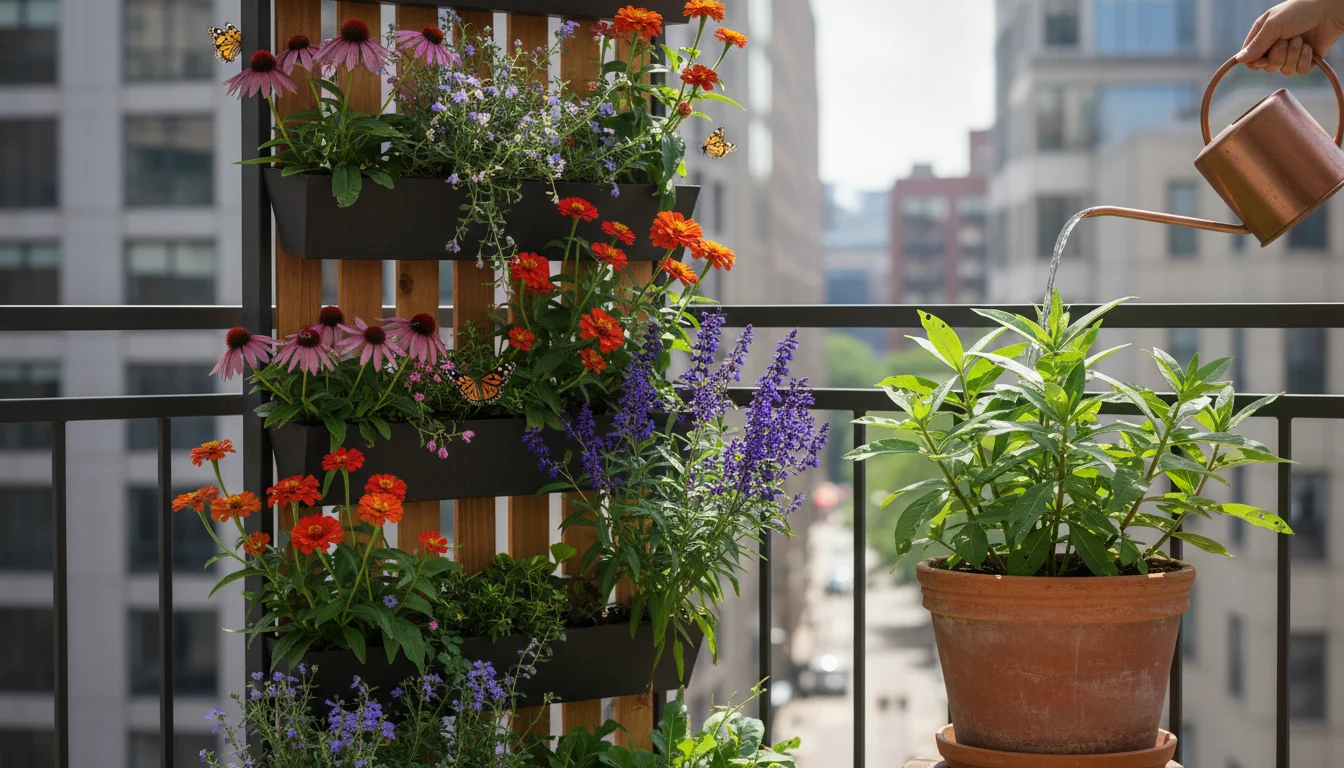 Vibrant urban balcony garden with butterflies feeding on nectar flowers in a vertical planter and a milkweed host plant showing nibbled leaves.