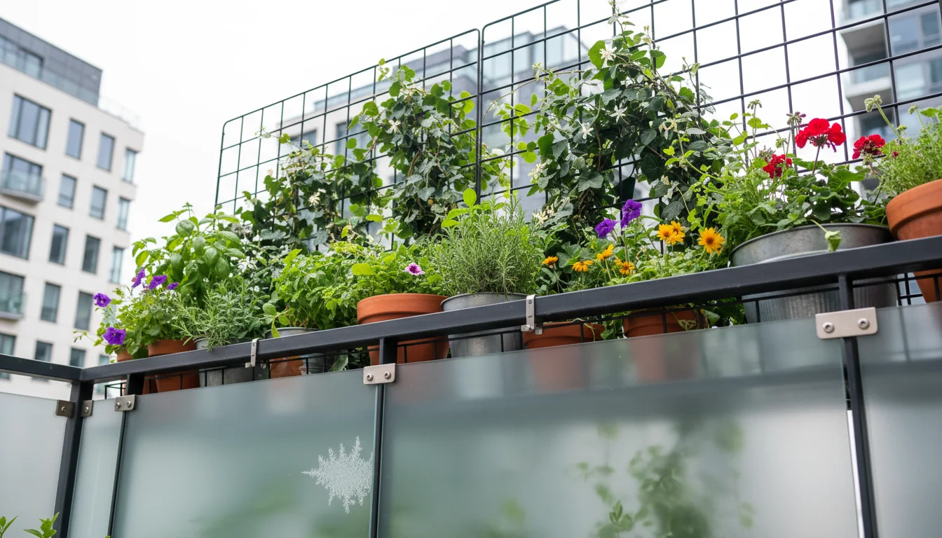 A vibrant urban balcony garden features a frosted polycarbonate windbreak panel secured to a dark railing, protecting lush container plants and a clim