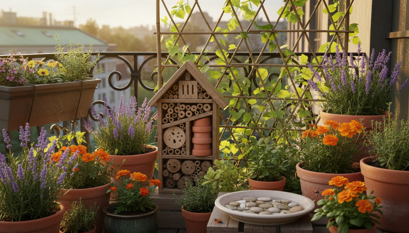 A vibrant urban balcony garden with flowering plants, a bug hotel integrated, and a small water dish.