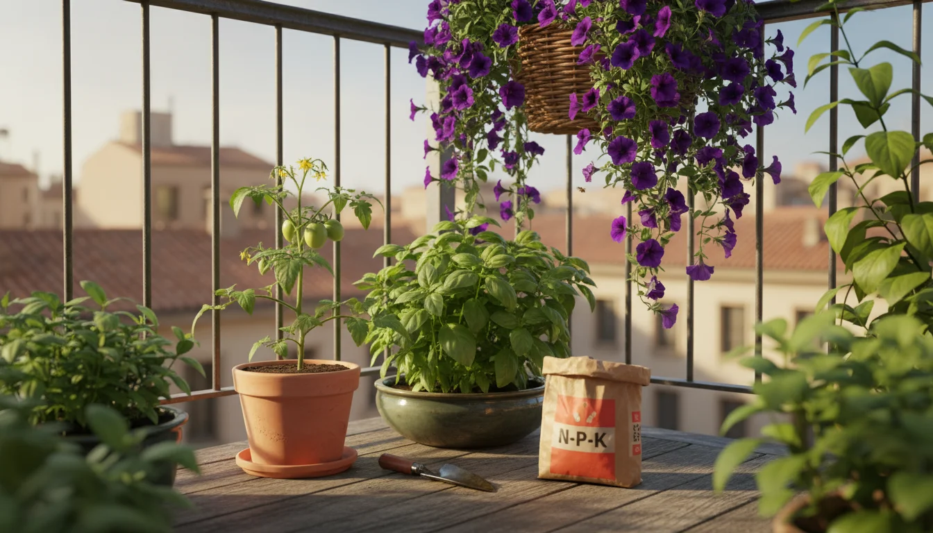 Vibrant urban balcony garden with fruiting tomato, lush basil, cascading petunias, and an NPK fertilizer bag, illustrating healthy growth.