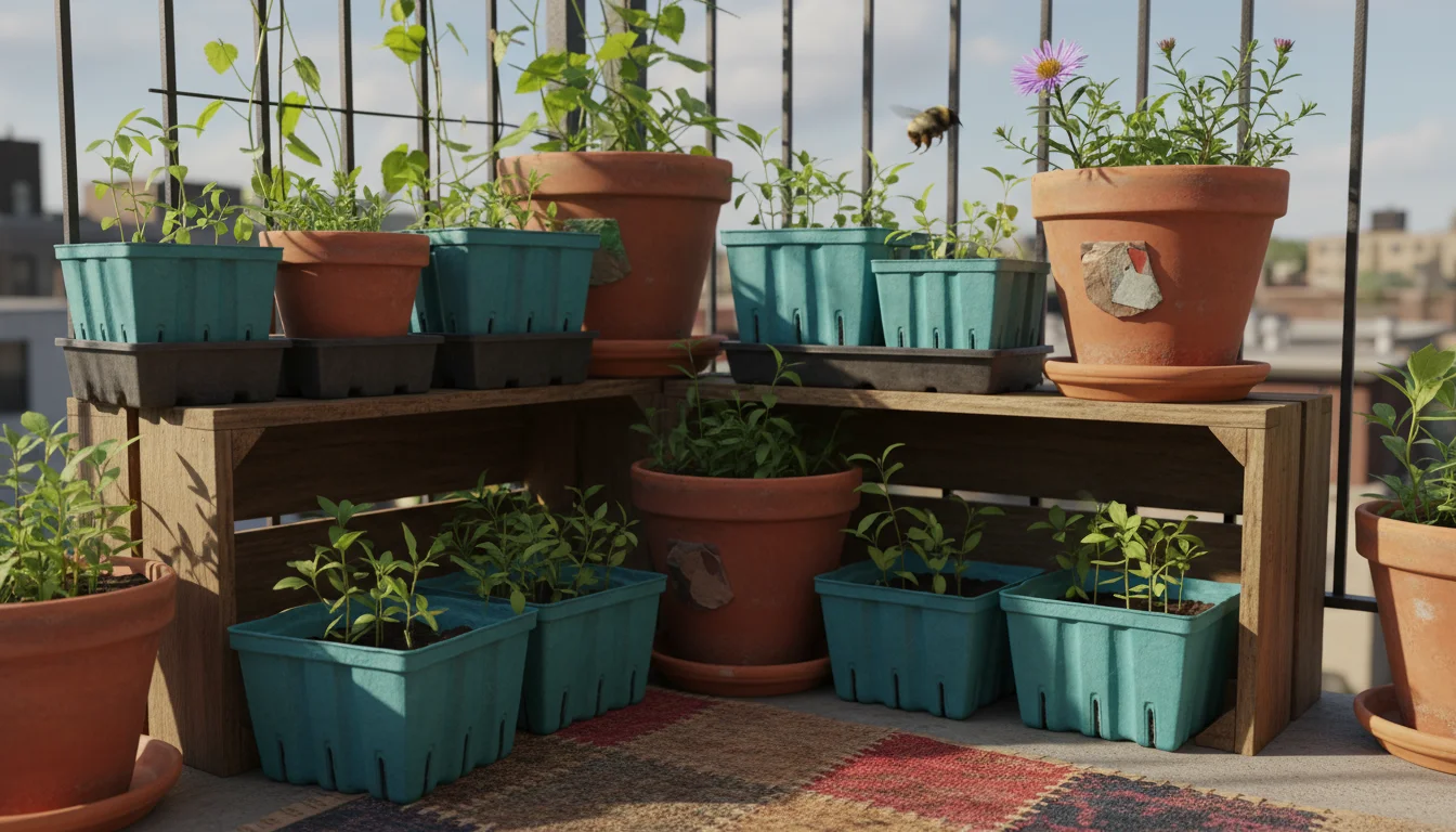 Vibrant urban balcony garden. Reused containers hold native seedlings. A bee visits a small flower. Stacked reusable seed trays are visible.