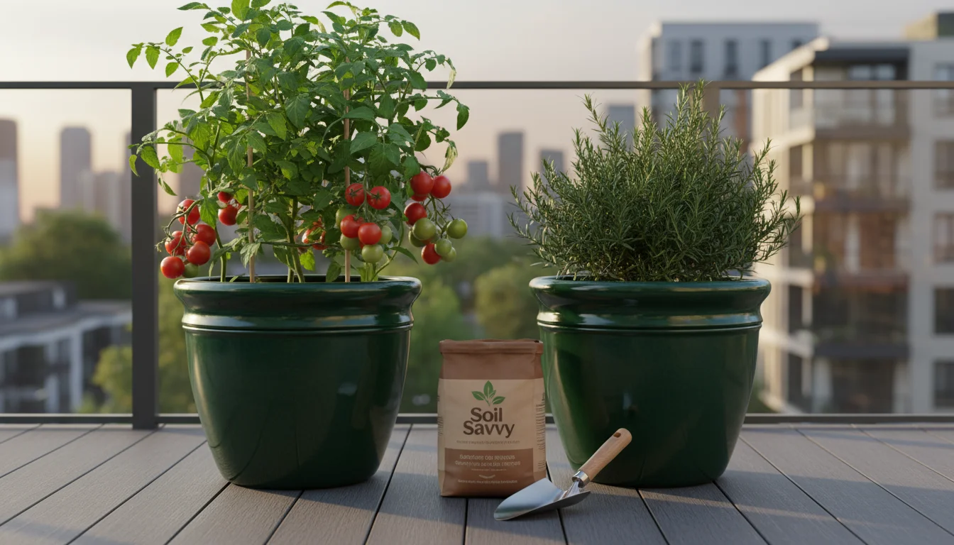 View of a vibrant urban balcony garden with two dark green ceramic pots holding healthy plants and an open bag of premium potting mix on dark decking.