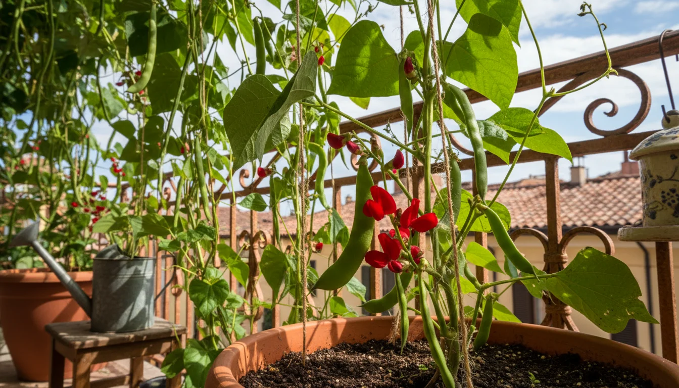 Vibrant urban balcony 'shade curtain' with bright red Scarlet Runner bean flowers, green bean pods, and a bee on a trellis.