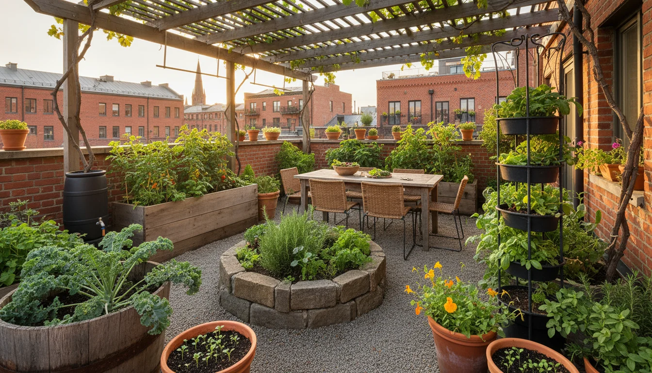 Slightly elevated view of a vibrant urban patio garden with container plants at various growth stages. Kale, carrots, and collards are visible.
