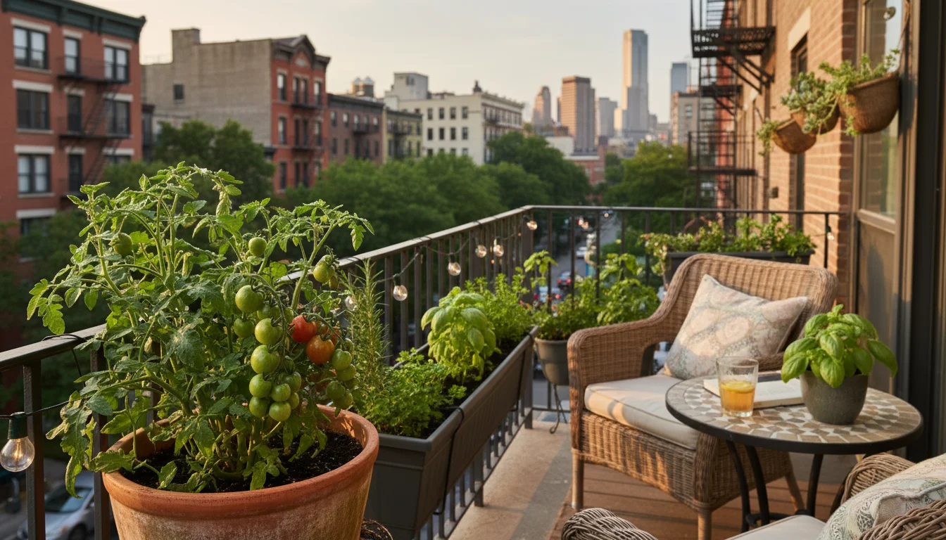 Vibrant urban patio with a thriving cherry tomato plant in a terracotta pot and fresh lettuce in a balcony planter, showing diverse seasonal container