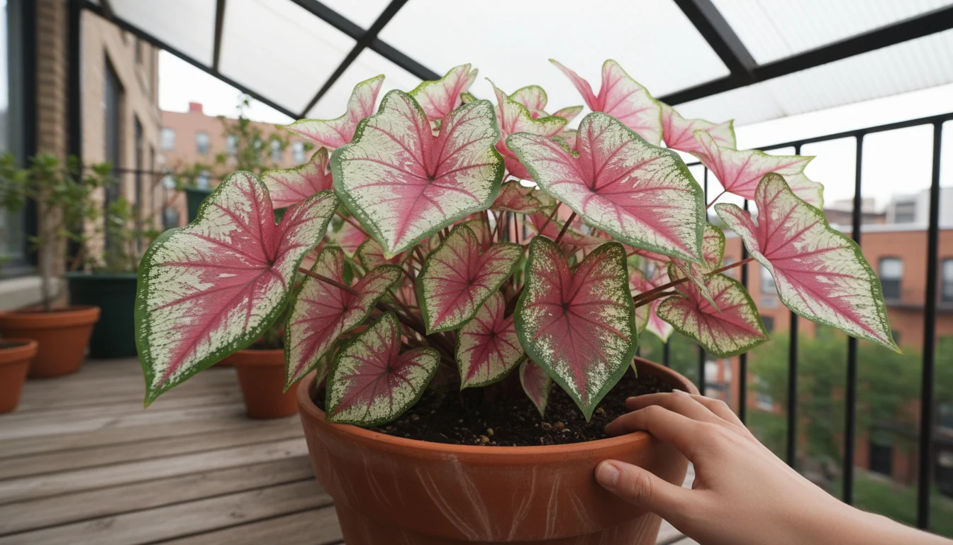 Close-up of a vibrant, variegated Caladium plant in a pot on a shaded balcony, a hand gently touching its base.